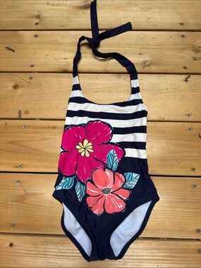 Gymboree Navy and White Striped One-Piece Swimsuit with Pink Floral Print
